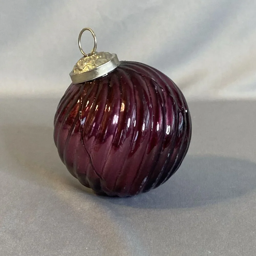 Kugel Inspired Blown Glass Ball Ornament Purple Ribbed Swirl Christmas Decor